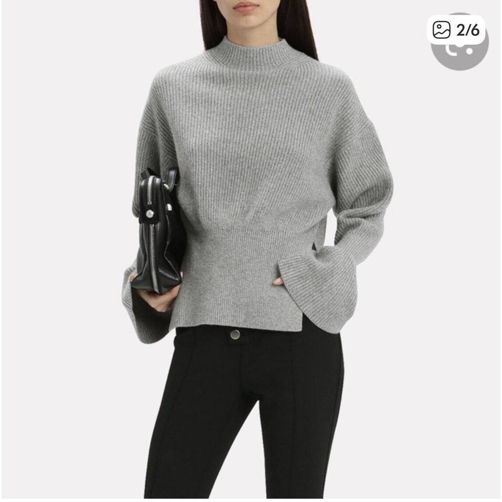 Alexander Wang Ribbed Mock Neck Sweater Women S/M Grey Bell Sleeve Slit
